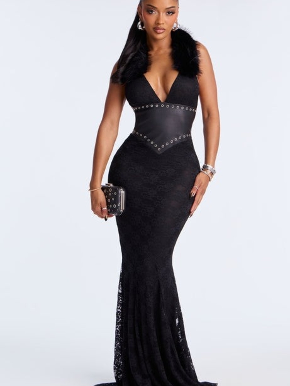 Fashion Nova Black Lace Corset-Detail Mermaid Maxi Dress